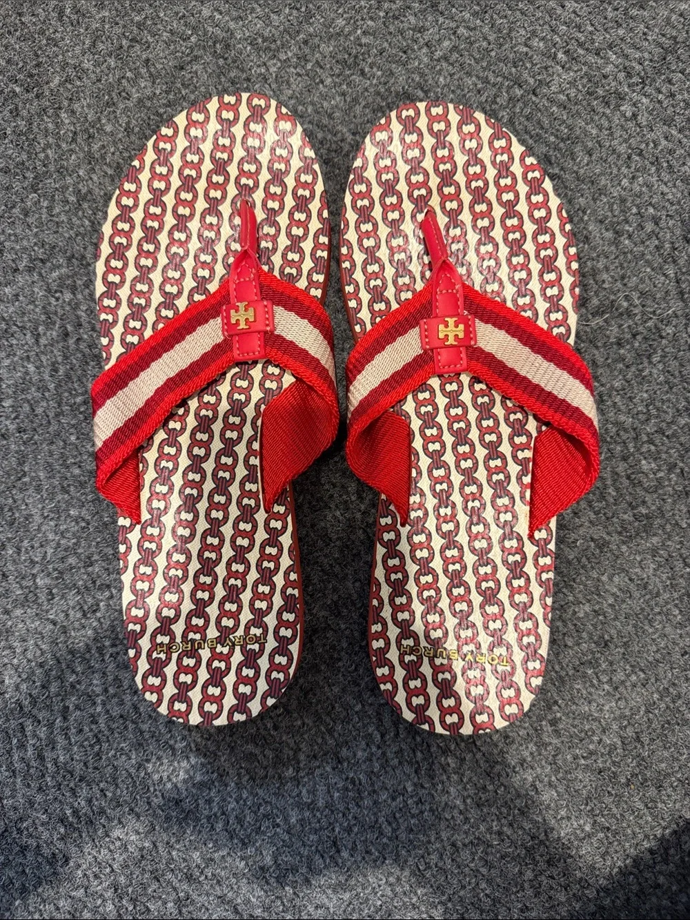 Tory Burch Red and Cream Chain-Print Canvas Flip Flops